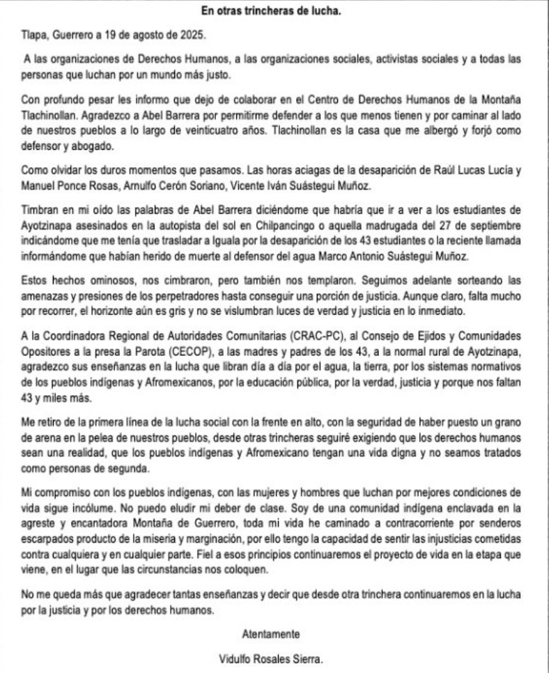 Carta de renuncia de Vidulfo Rosales
