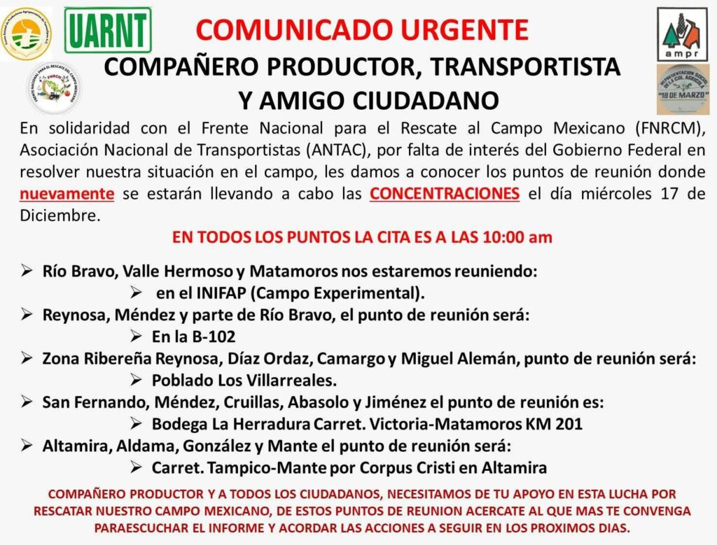 Productores anuncian protestas y bloqueos en Tamaulipas. Foto Cortesía