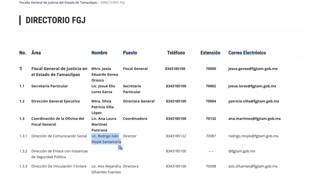 Directorio actual de la Fiscalía General de Justicia de Tamaulipas