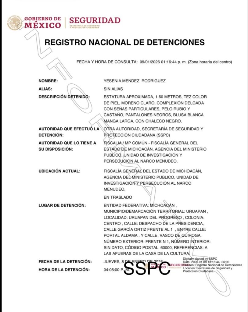 Ficha de detención de Yesenia Méndez