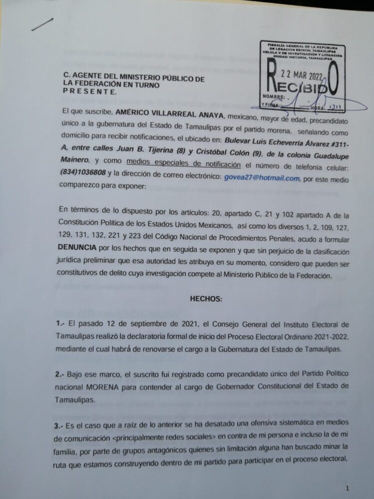 Presenta Américo denuncia penal por guerra sucia en su contra