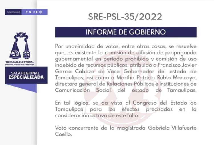 Ordena el Tribunal Federal Electoral al Congreso de Tamaulipas sancionar a CDV por informes de gobierno
