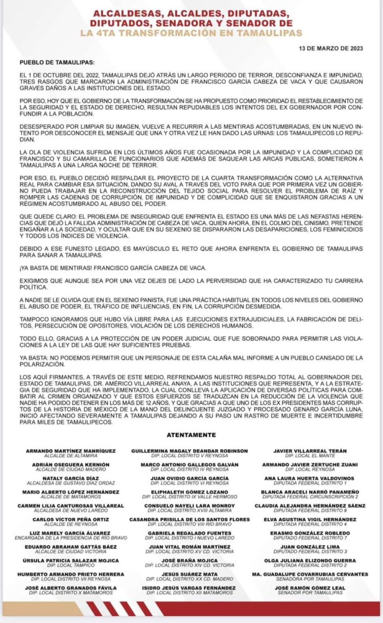 «¡Ya basta de mentiras!», le piden senadores, diputados y alcaldes a Cabeza