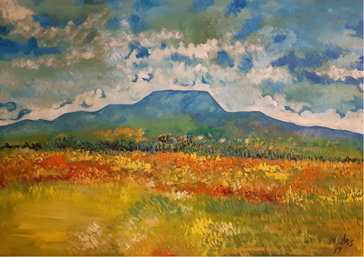 Pintura al óleo elaborada en 2019 por el maestro Alejandro Rosales Lugo que representa el Cerro del Aire en Abasolo, Tamaulipas. Colección: José Luis Aguilar Guajardo.