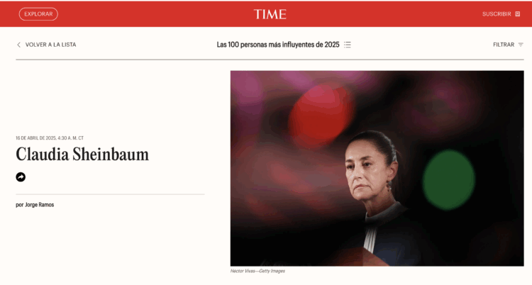 Time incluye a Sheinbaum como una de las 100 personas más influyentes de 2025. Foto tomada de pantalla