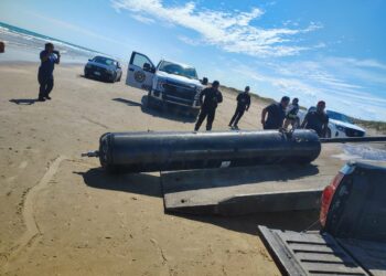Basura espacial comienza a llegar a Playa Bagdad tras lanzamiento de SpaceX; hay un delfín muerto. Foto de Facebook Conibio Global