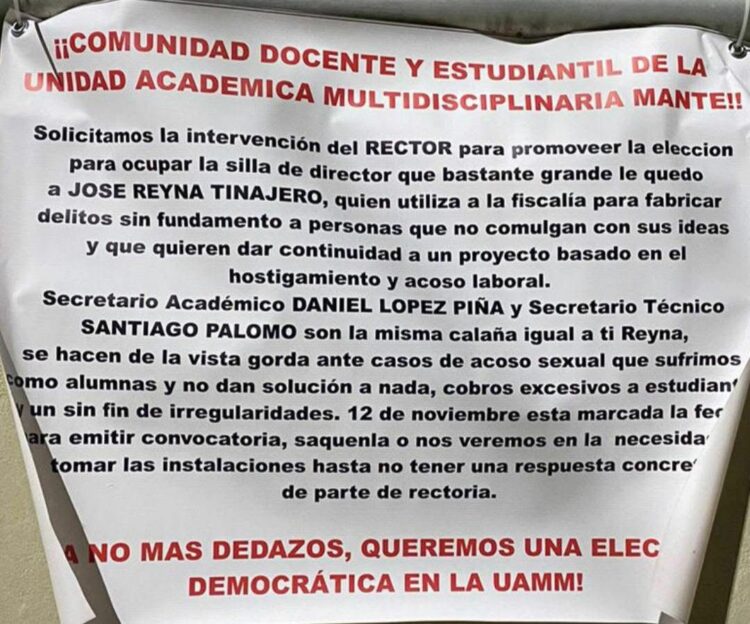 Con mantas, piden a rector de la UAT destituir a director interino de la UAMMante. Foto web