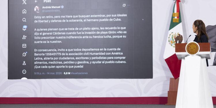 "Está fiscalizada": Sheinbaum sobre cuenta a la que AMLO pidió aportar para ayuda a Cuba. Foto de Presidencia